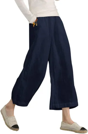 ECUPPER Womens Linen Cropped Pants Loose Casual Capri Cotton Wide Leg Plus Size Elastic Waist with Drawstring Trouses
