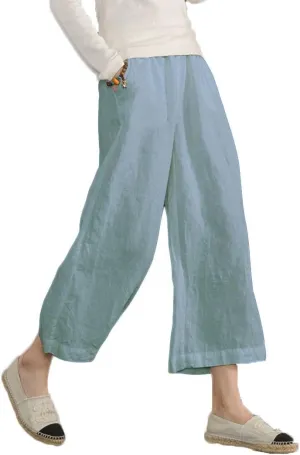 ECUPPER Womens Linen Cropped Pants Loose Casual Capri Cotton Wide Leg Plus Size Elastic Waist with Drawstring Trouses