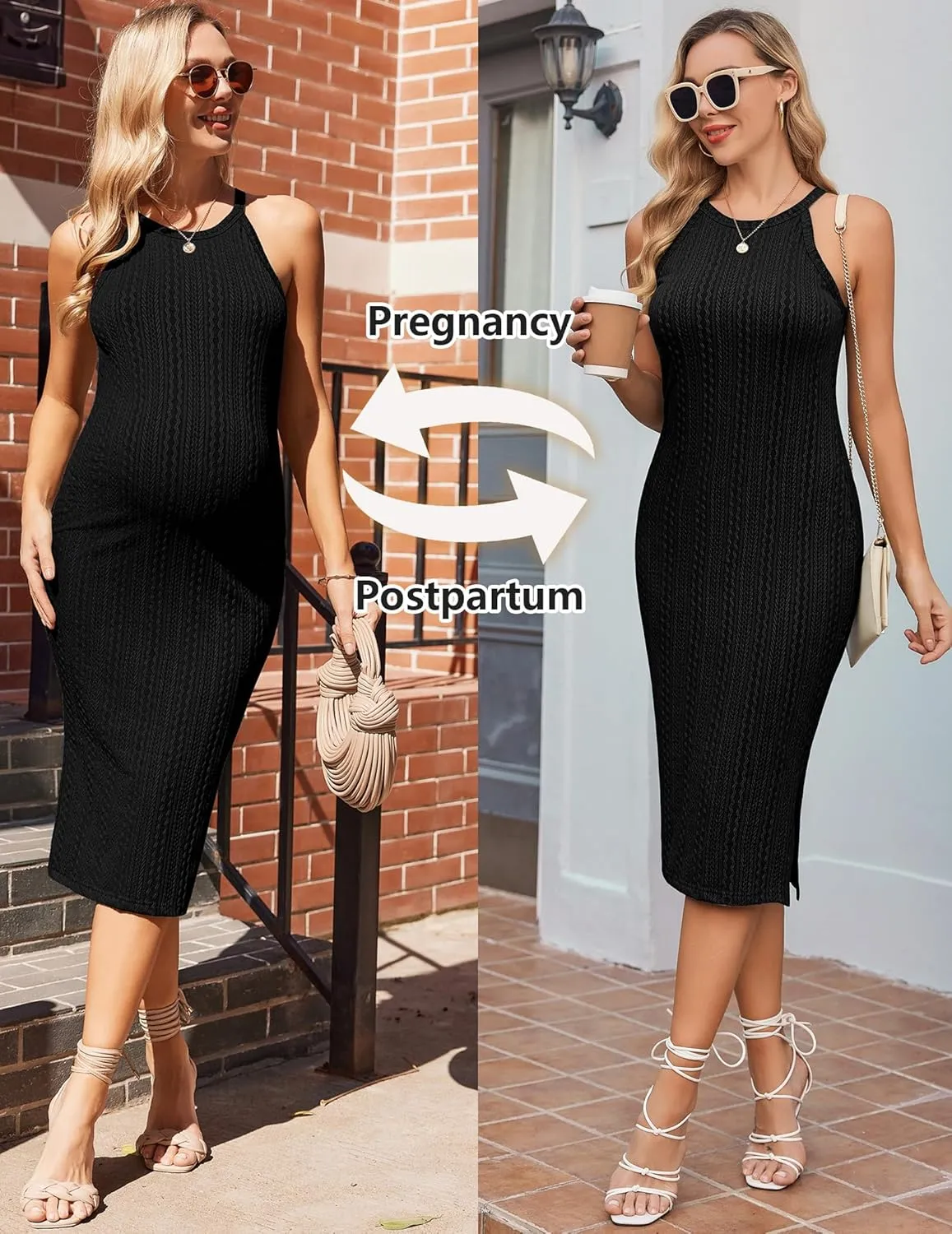 Ekouaer Maternity Dress Rib Knit Side Slit Stretchy Bodycon Pregnancy Dresses Halter Neck Sleeveless Pregnant Clothes