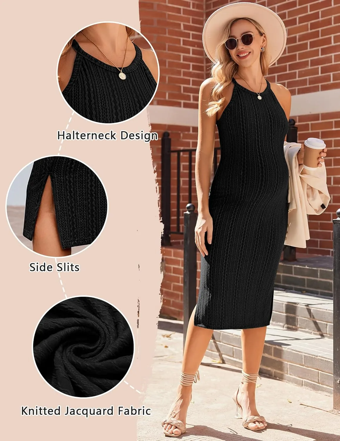 Ekouaer Maternity Dress Rib Knit Side Slit Stretchy Bodycon Pregnancy Dresses Halter Neck Sleeveless Pregnant Clothes