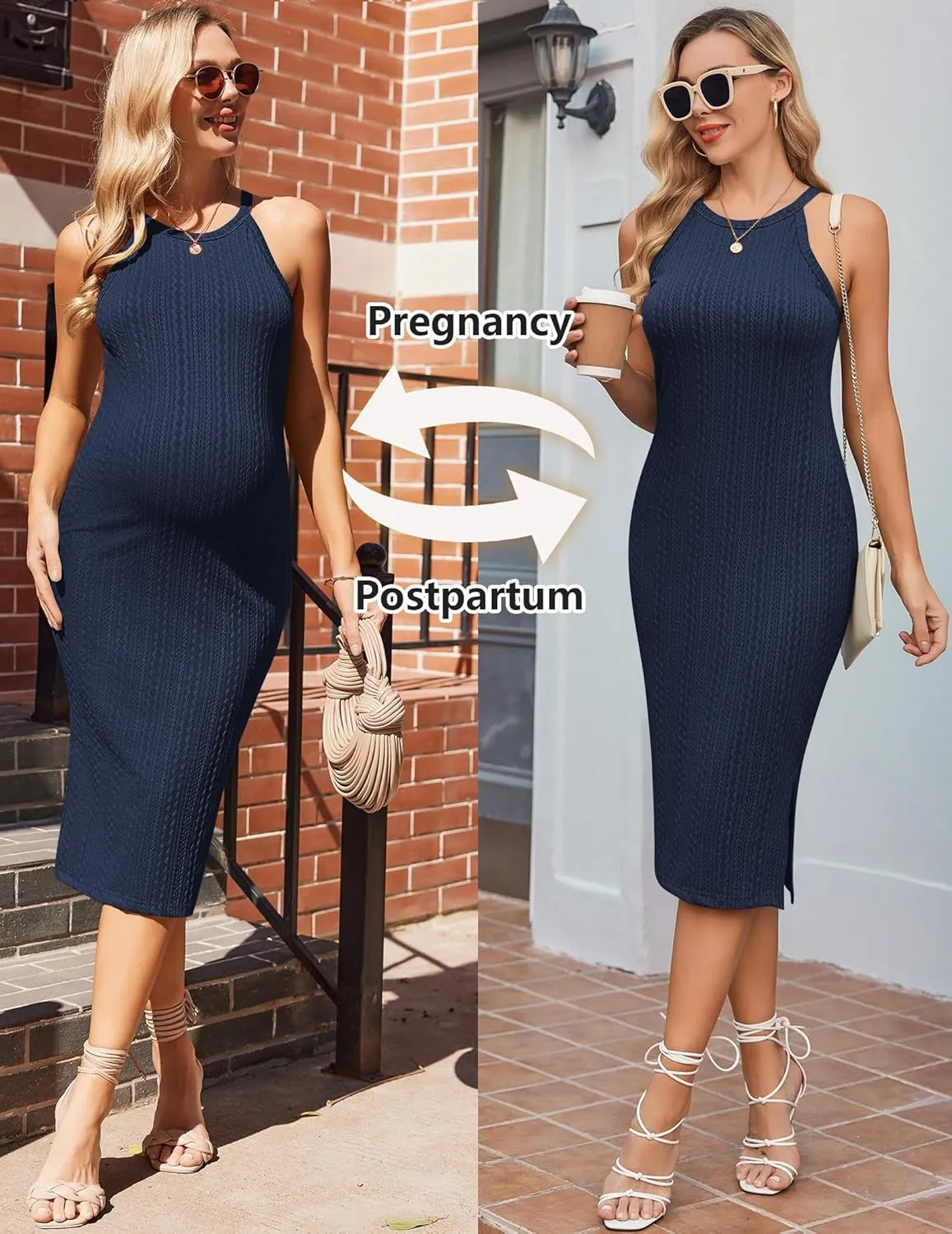 Ekouaer Maternity Dress Rib Knit Side Slit Stretchy Bodycon Pregnancy Dresses Halter Neck Sleeveless Pregnant Clothes