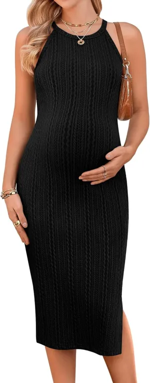 Ekouaer Maternity Dress Rib Knit Side Slit Stretchy Bodycon Pregnancy Dresses Halter Neck Sleeveless Pregnant Clothes