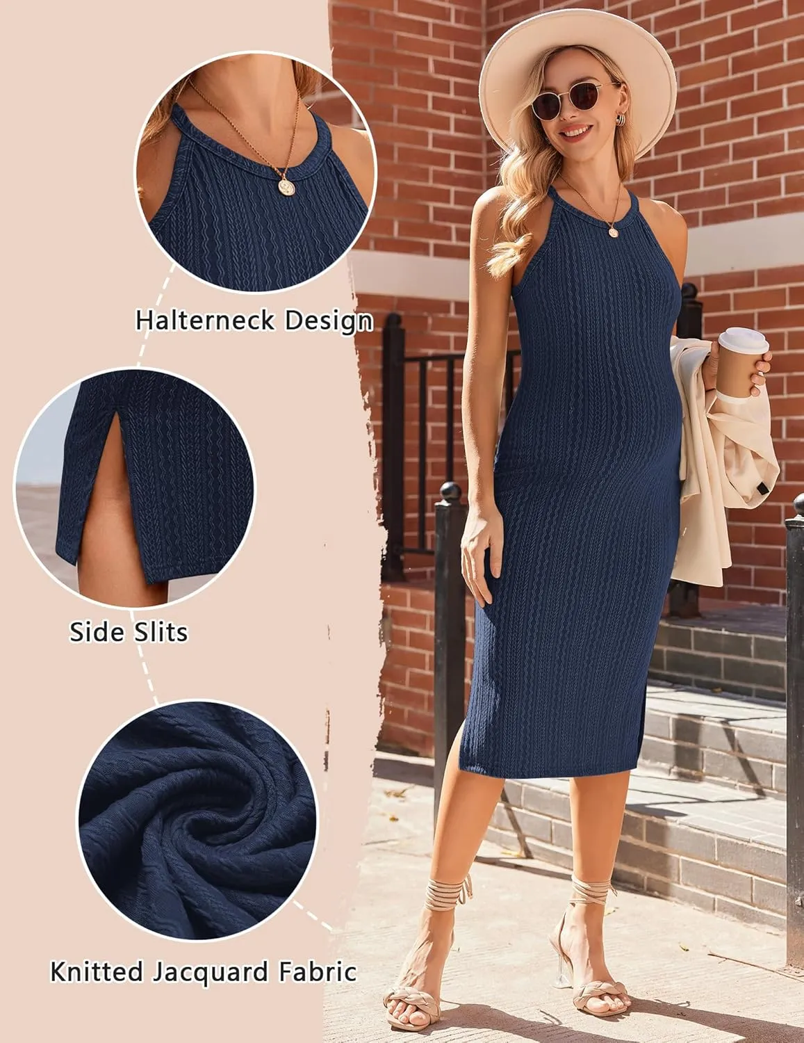 Ekouaer Maternity Dress Rib Knit Side Slit Stretchy Bodycon Pregnancy Dresses Halter Neck Sleeveless Pregnant Clothes