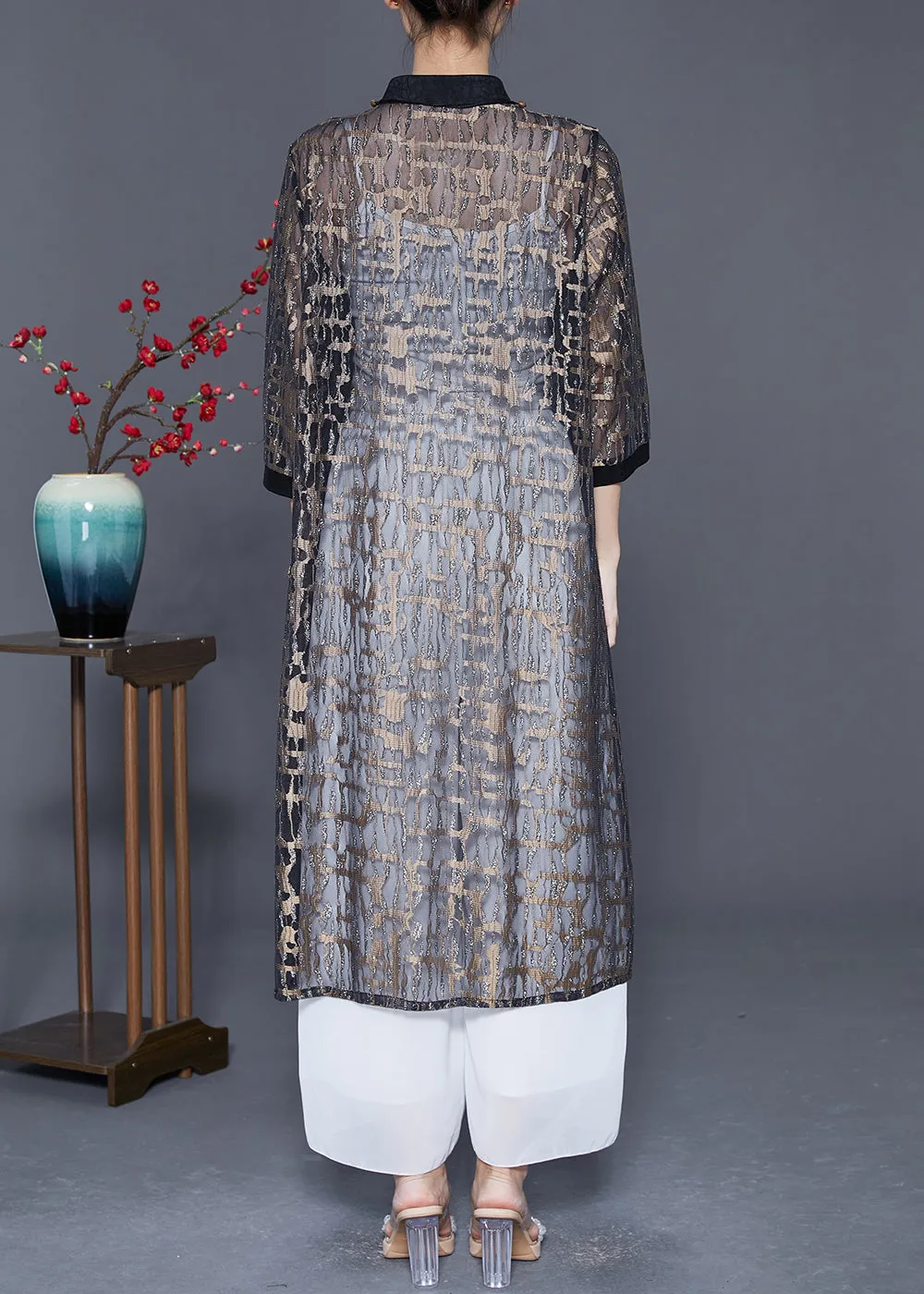 Elegant Black Jacquard Hollow Out Tulle Long Cardigan Summer LY5587