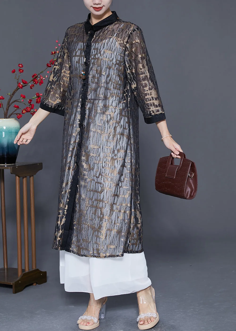 Elegant Black Jacquard Hollow Out Tulle Long Cardigan Summer LY5587