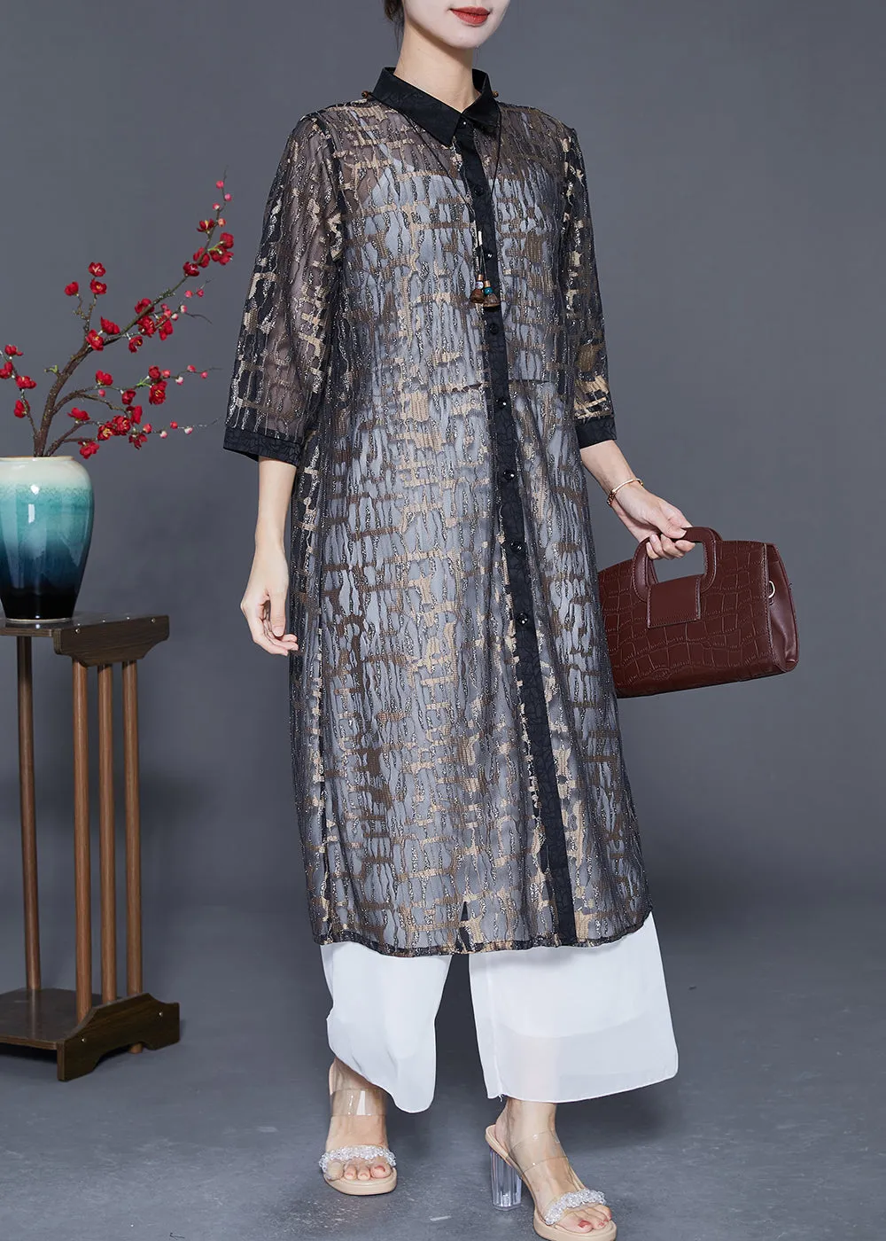 Elegant Black Jacquard Hollow Out Tulle Long Cardigan Summer LY5587