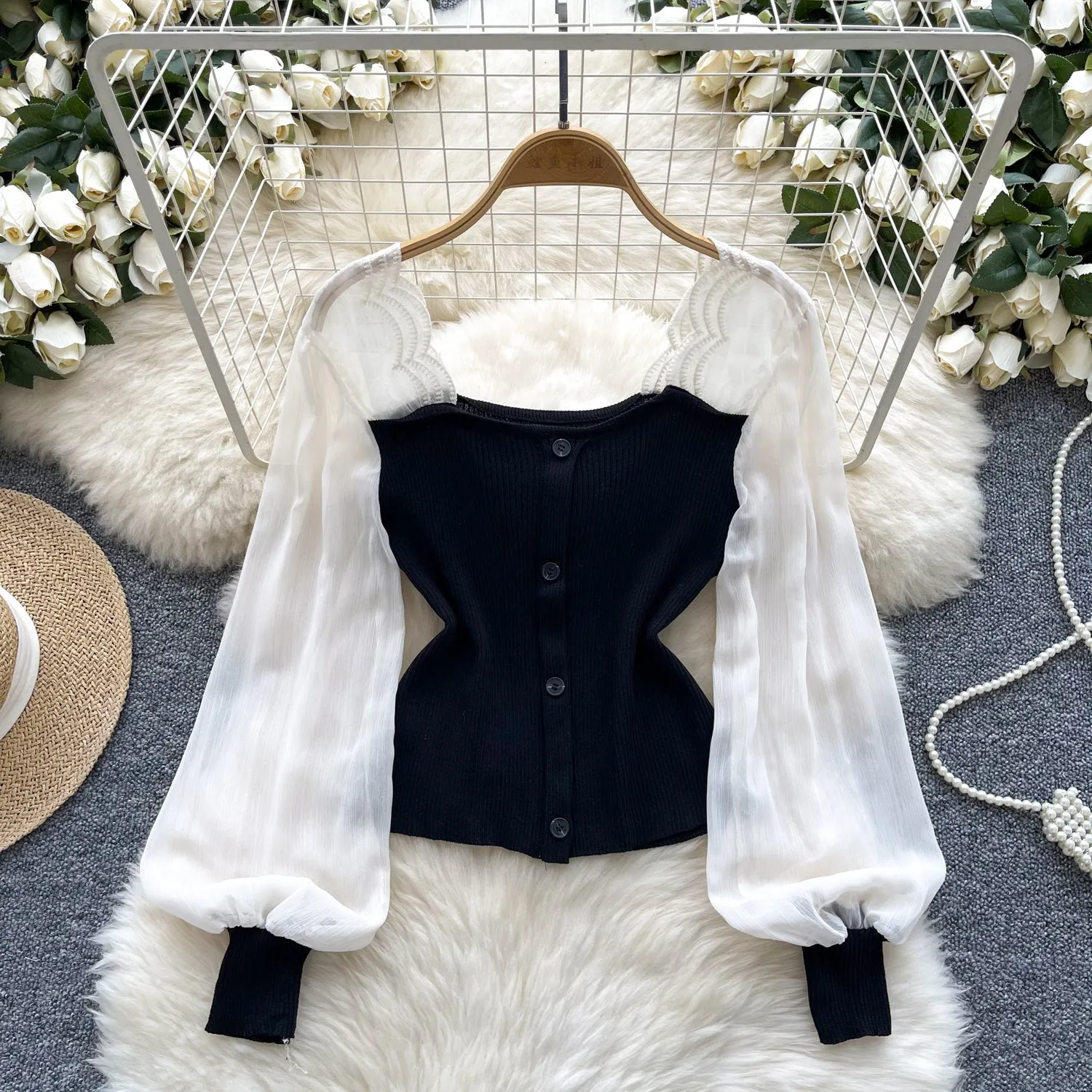 Elegant Mesh Patchwork Slim Cardigan