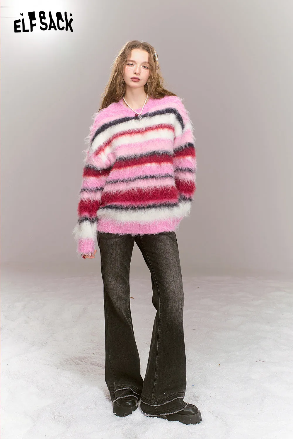 ELFSACK 2024 Winter New Arrivals Loose casual pink stripes contrast warm sweater for women
