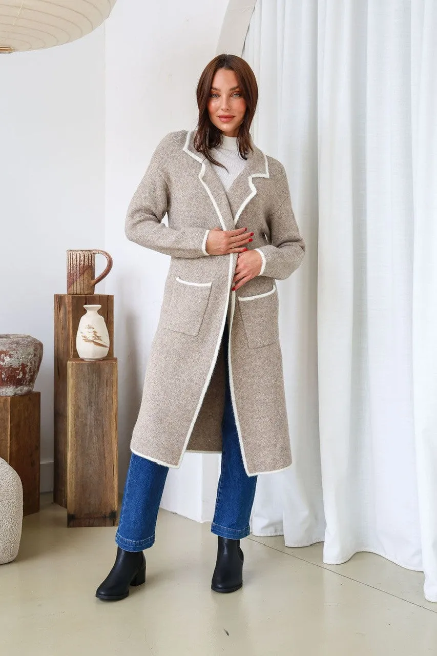 Ember Longer Line Contrast Stitch Coatigan - Mocha/Ivory