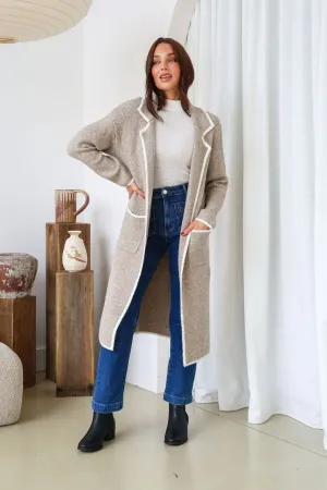 Ember Longer Line Contrast Stitch Coatigan - Mocha/Ivory