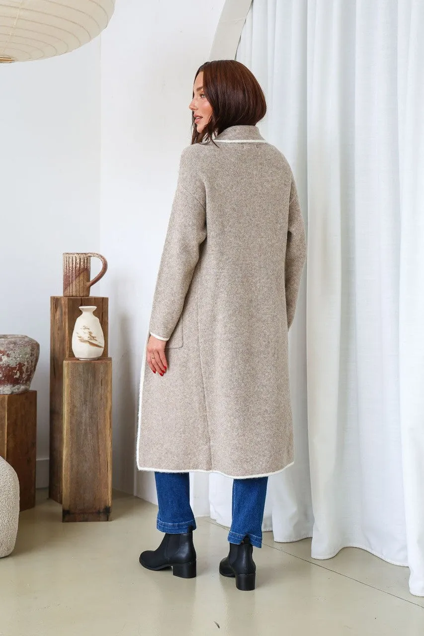 Ember Longer Line Contrast Stitch Coatigan - Mocha/Ivory