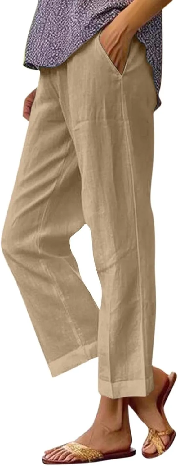 fanmpghleoo Women's Summer Casual Linen Pants Elastic Waist Loose Fit Straight Leg Crop Pants Beach Trousers with Pockets