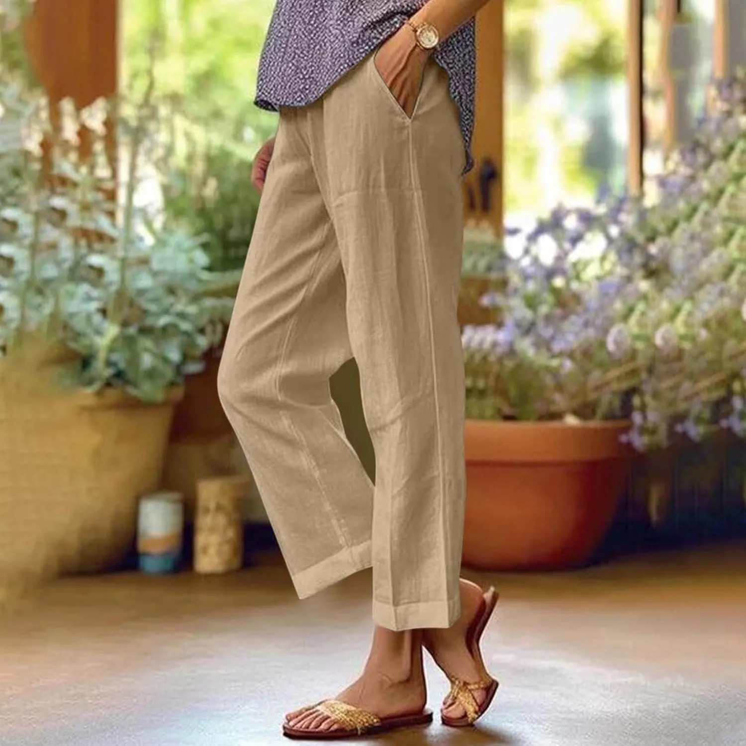 fanmpghleoo Women's Summer Casual Linen Pants Elastic Waist Loose Fit Straight Leg Crop Pants Beach Trousers with Pockets