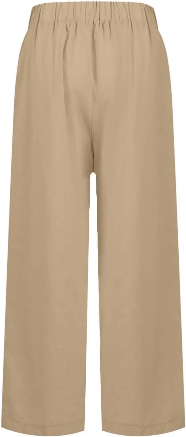 fanmpghleoo Women's Summer Casual Linen Pants Elastic Waist Loose Fit Straight Leg Crop Pants Beach Trousers with Pockets