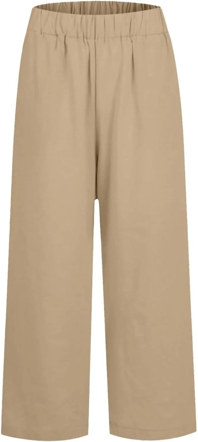 fanmpghleoo Women's Summer Casual Linen Pants Elastic Waist Loose Fit Straight Leg Crop Pants Beach Trousers with Pockets