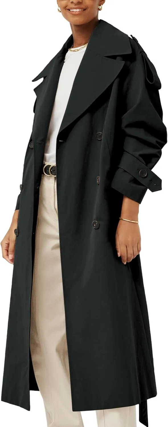 Farktop Womens Oversized Long Trench Coat Double Breasted Lapel Windproof Overcoat with Belt