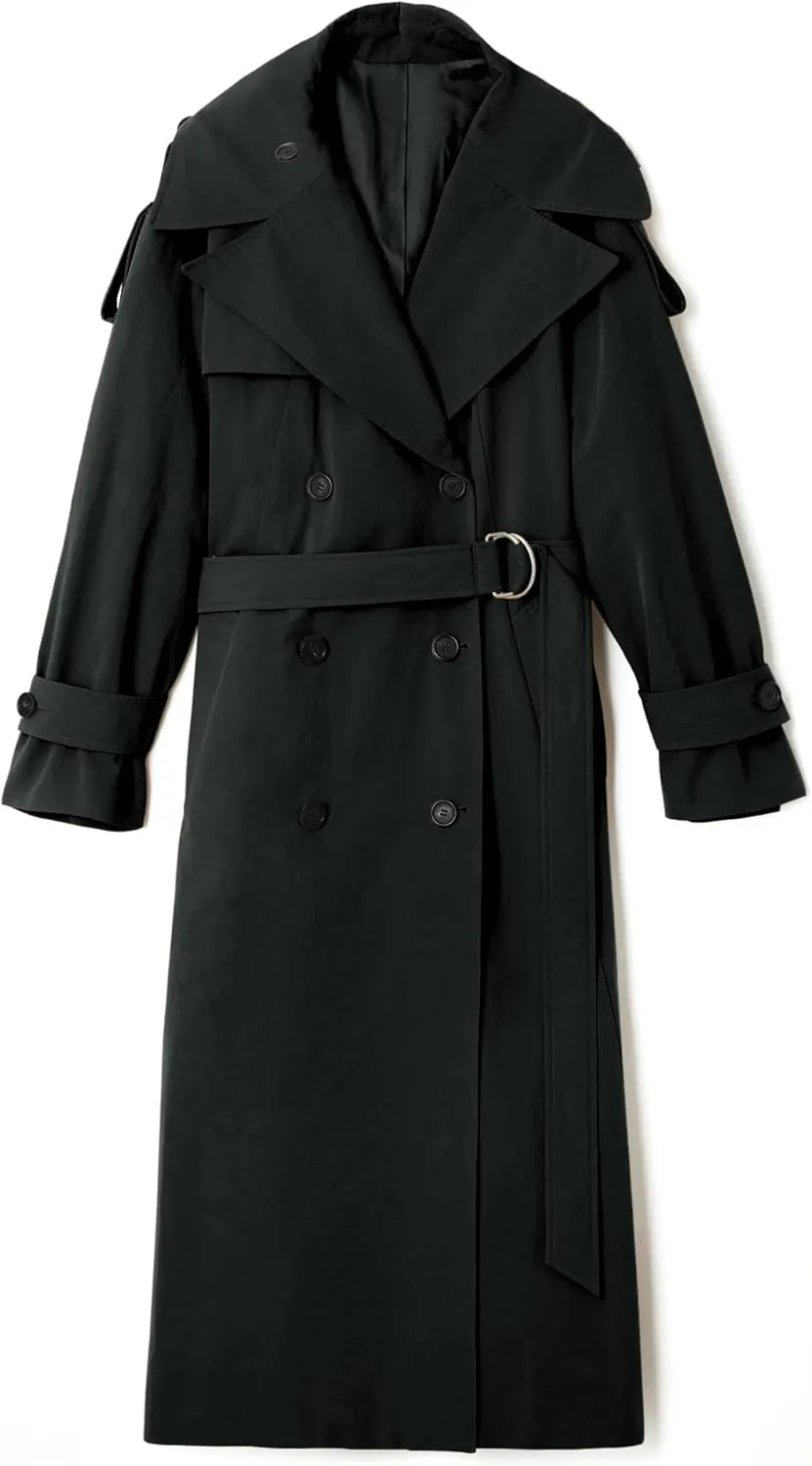Farktop Womens Oversized Long Trench Coat Double Breasted Lapel Windproof Overcoat with Belt