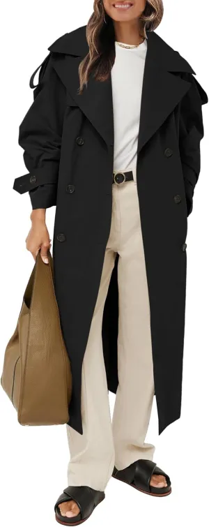 Farktop Womens Oversized Long Trench Coat Double Breasted Lapel Windproof Overcoat with Belt