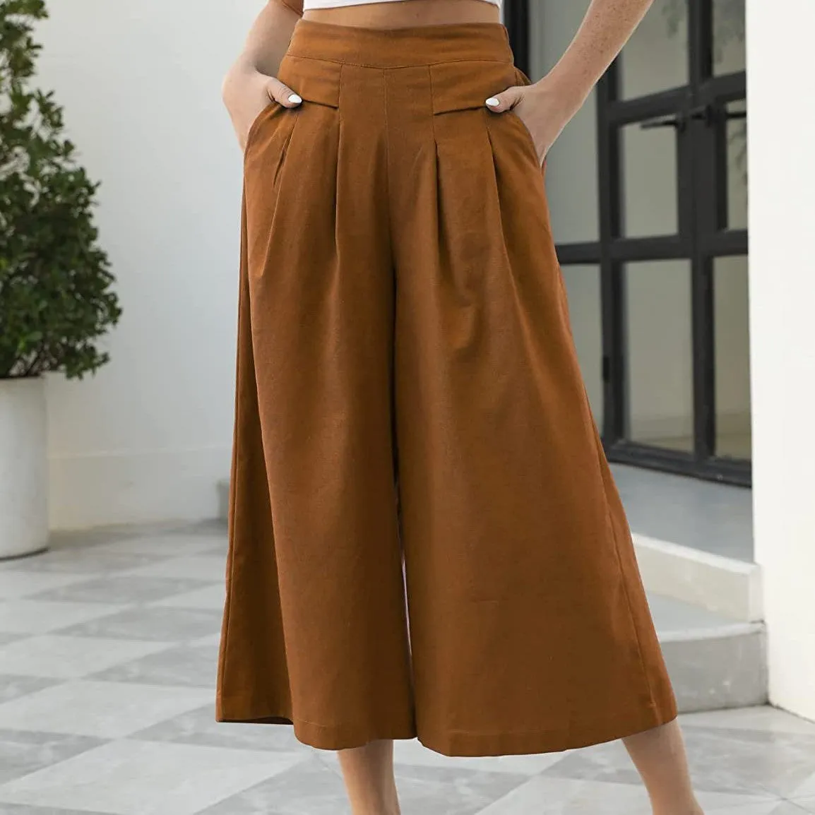 Fashion Elastic Waist Wide Leg Cropped Skort