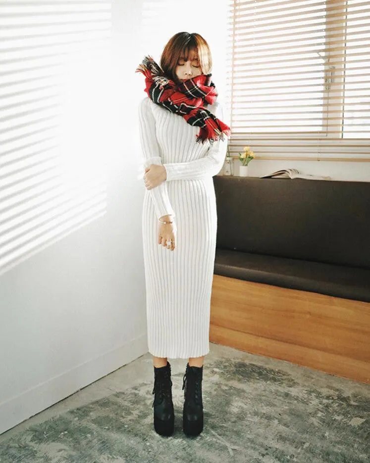 Fashion Ribbed High Neck Long Sleeve Knit Long Sweater