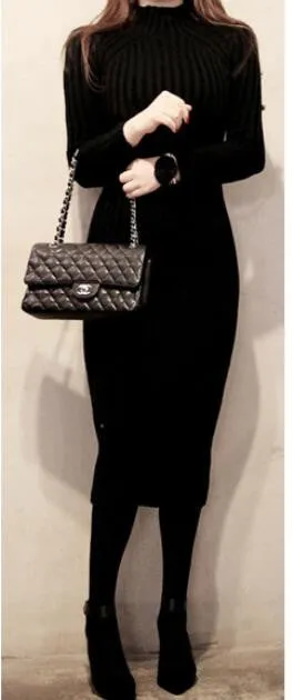 Fashion Ribbed High Neck Long Sleeve Knit Long Sweater
