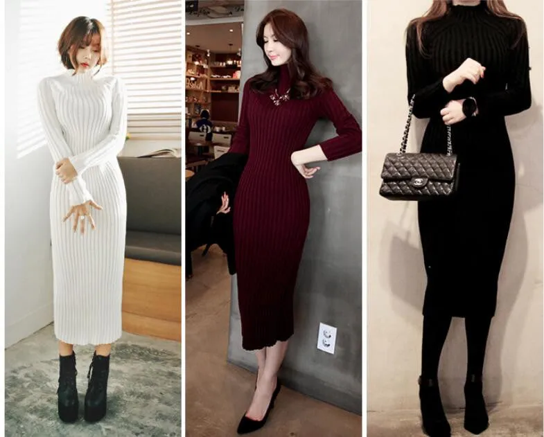 Fashion Ribbed High Neck Long Sleeve Knit Long Sweater