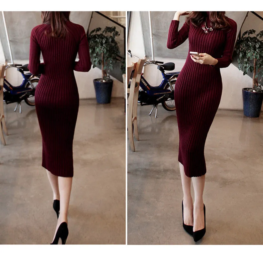 Fashion Ribbed High Neck Long Sleeve Knit Long Sweater