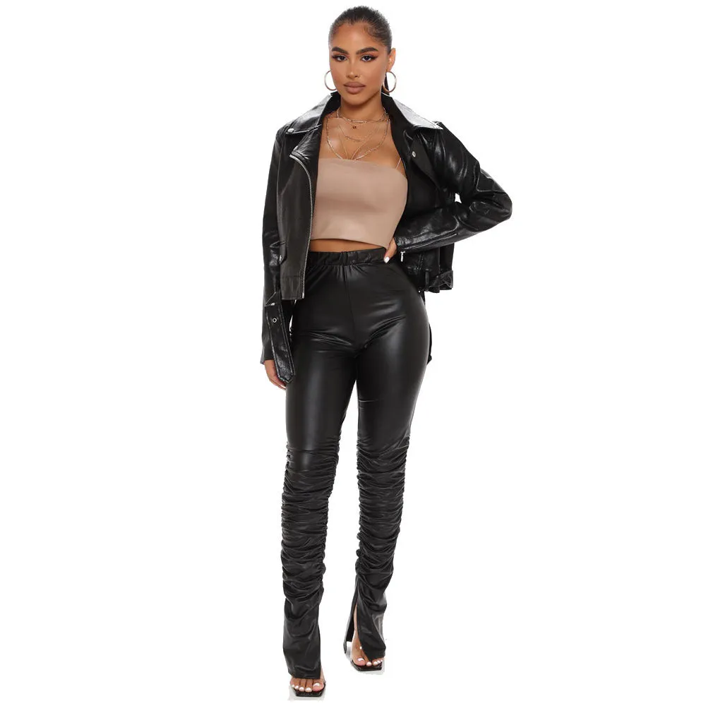Fashionable Elastic Tight Pleated Leather Pants