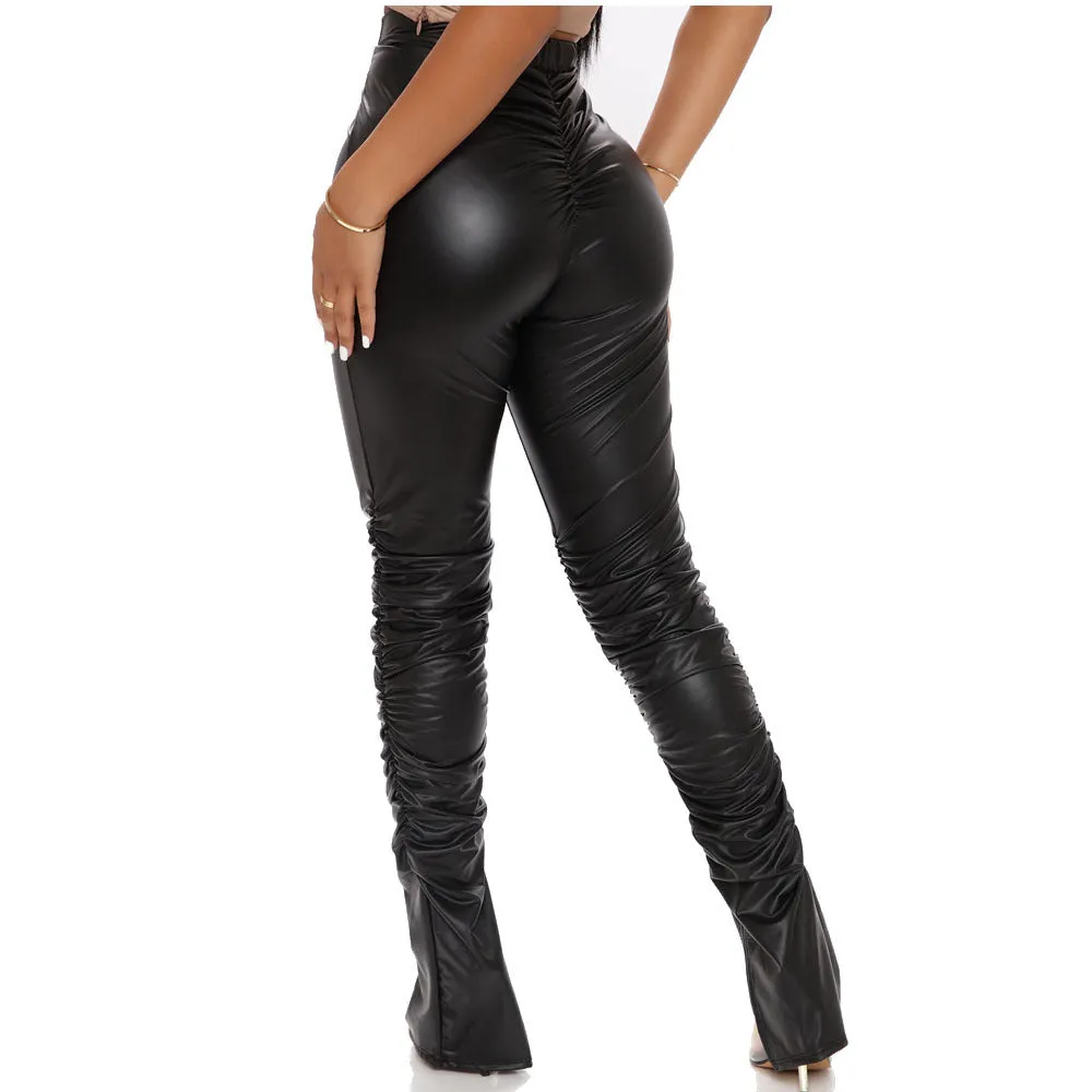 Fashionable Elastic Tight Pleated Leather Pants