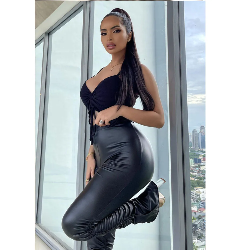 Fashionable Elastic Tight Pleated Leather Pants