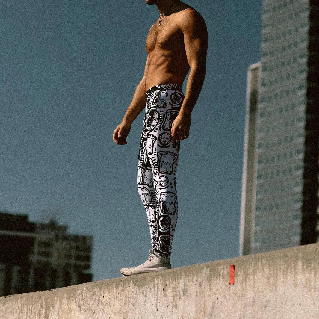 Fashionable retro joint print skinny stretch trousers
