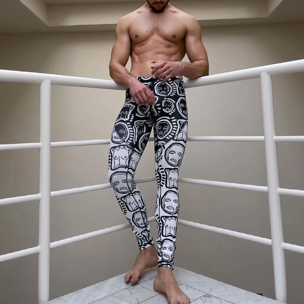Fashionable retro joint print skinny stretch trousers