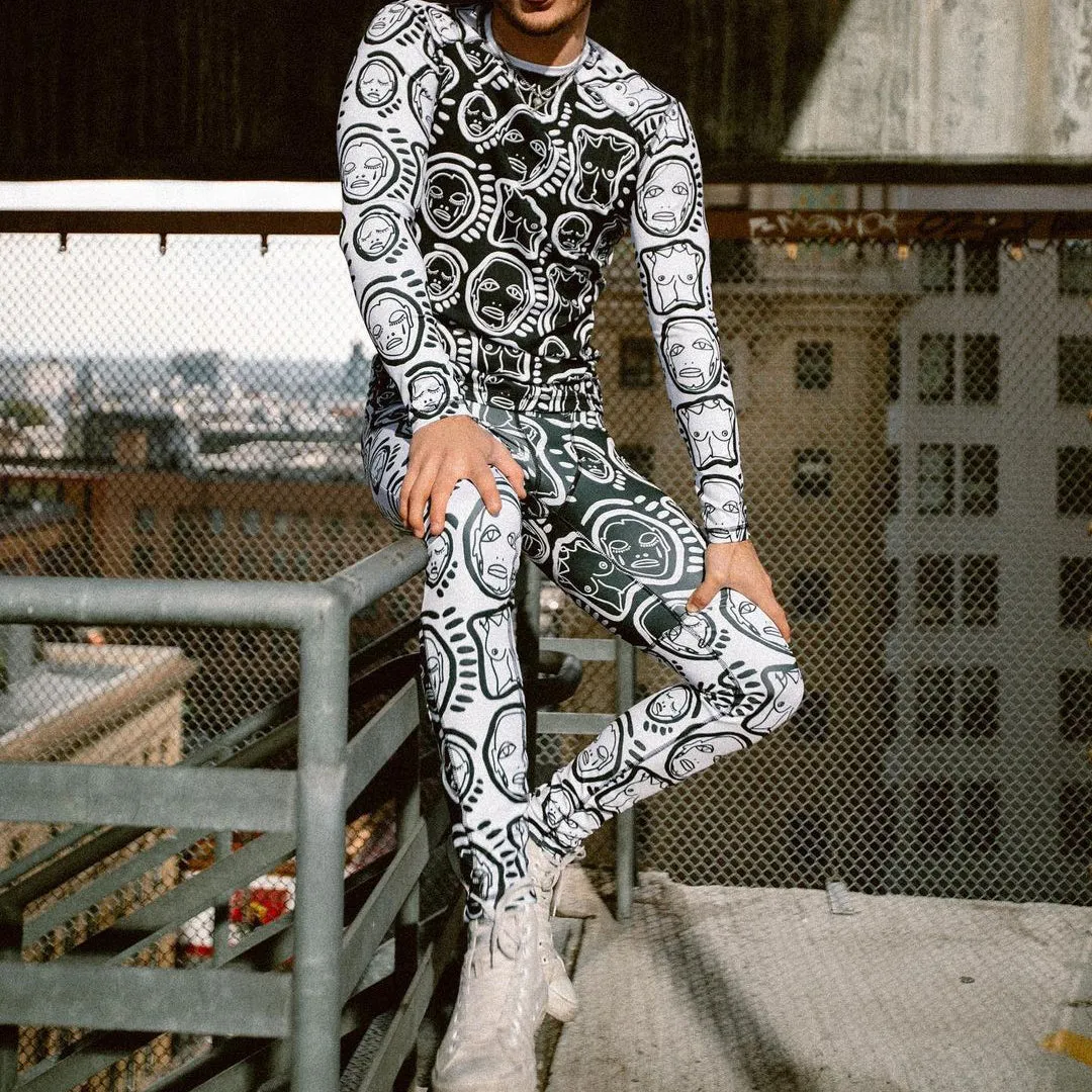 Fashionable retro joint print skinny stretch trousers