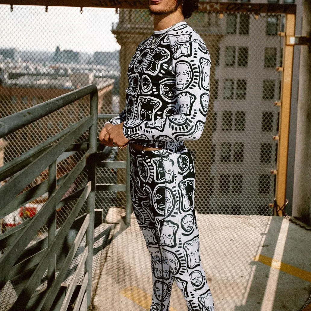 Fashionable retro joint print skinny stretch trousers
