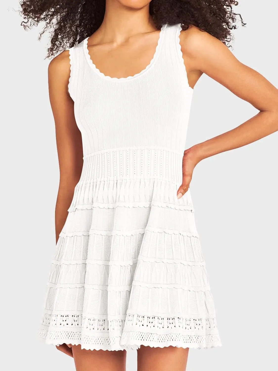 Fisoew Womens Summer Mini Dresses Casual Crewneck Knitted Crochet Hem Flowy Tank Sundress