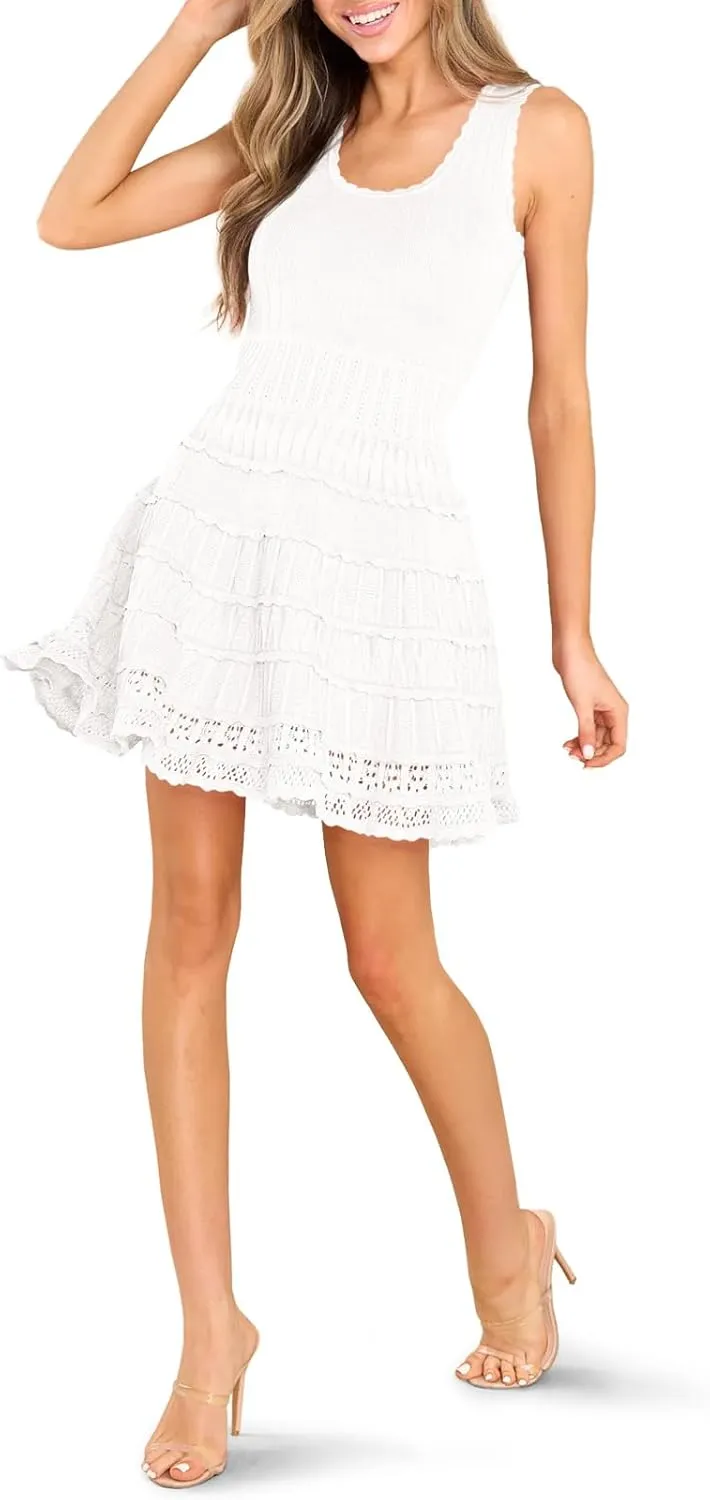 Fisoew Womens Summer Mini Dresses Casual Crewneck Knitted Crochet Hem Flowy Tank Sundress