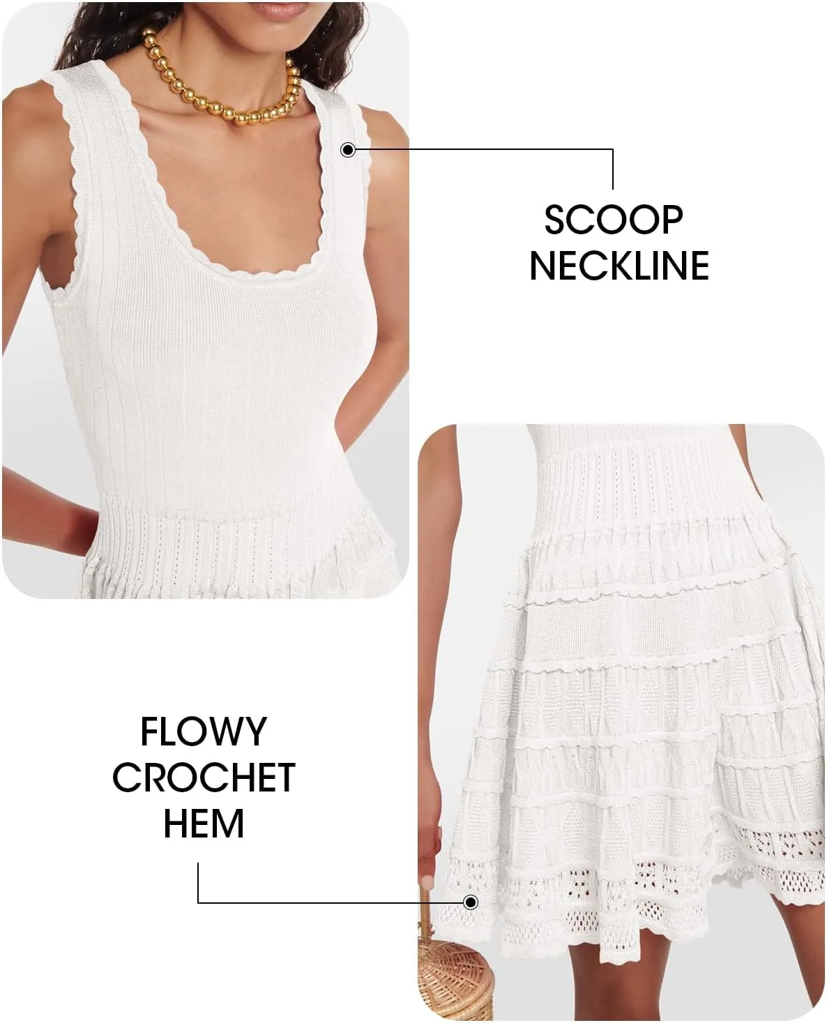 Fisoew Womens Summer Mini Dresses Casual Crewneck Knitted Crochet Hem Flowy Tank Sundress