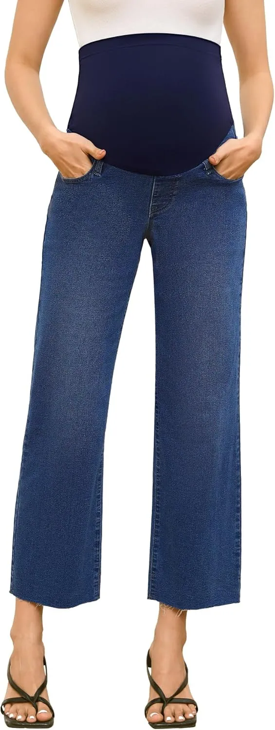 fitglam Women's Maternity Jeans Straight Leg Relaxed Fit Over Belly Pregnancy Denim Work Pants Maternity Clothes with Pockets