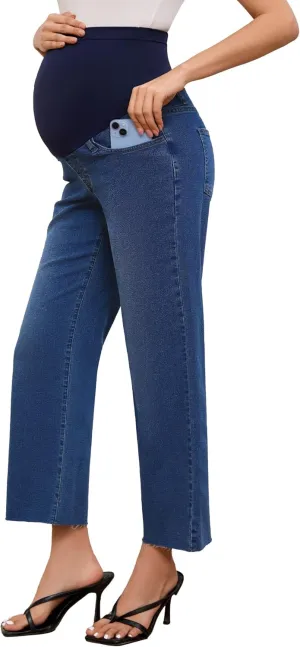 fitglam Women's Maternity Jeans Straight Leg Relaxed Fit Over Belly Pregnancy Denim Work Pants Maternity Clothes with Pockets