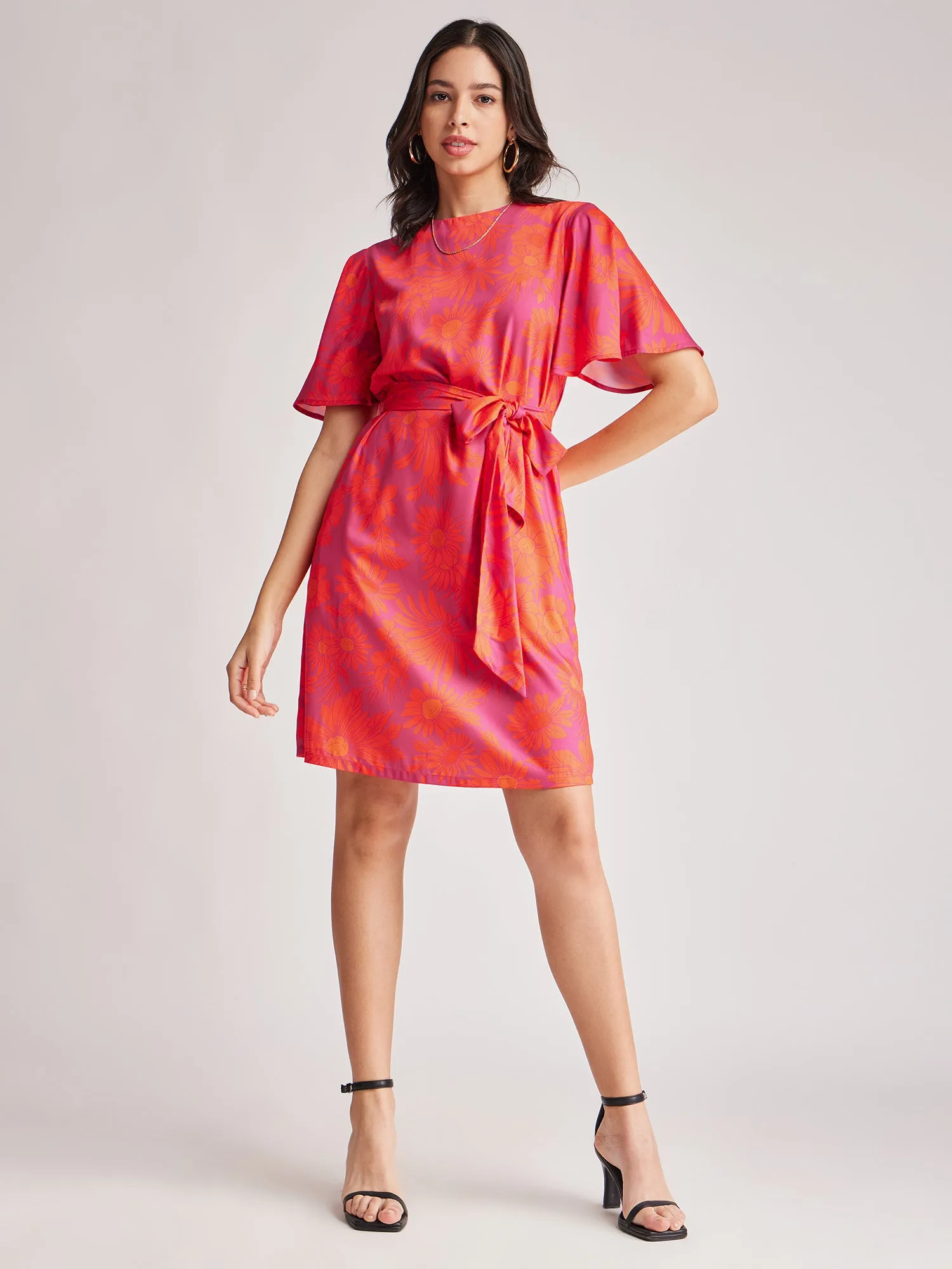 Floral Bell Sleeves Dress - Fuchsia And Orange