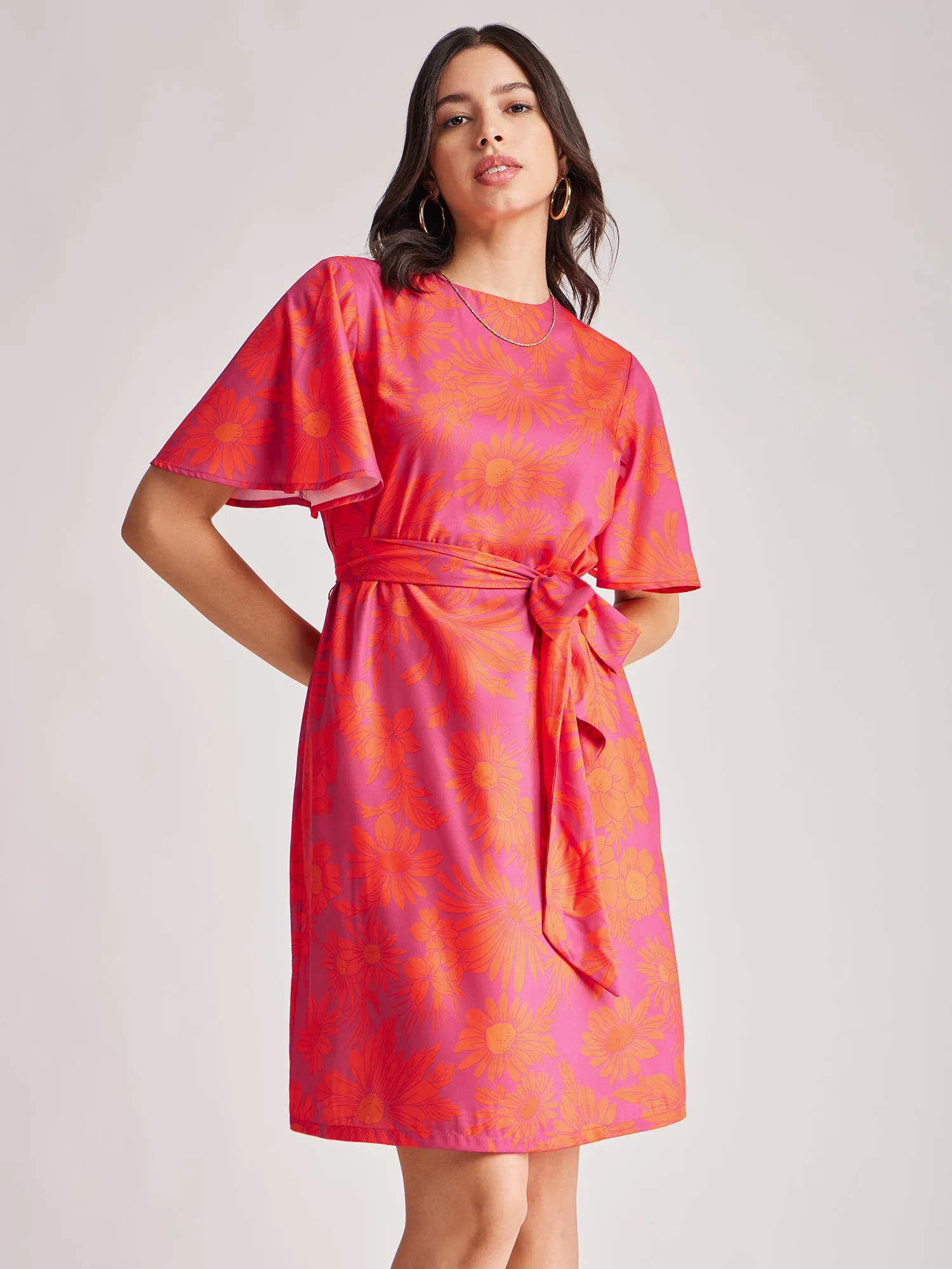 Floral Bell Sleeves Dress - Fuchsia And Orange