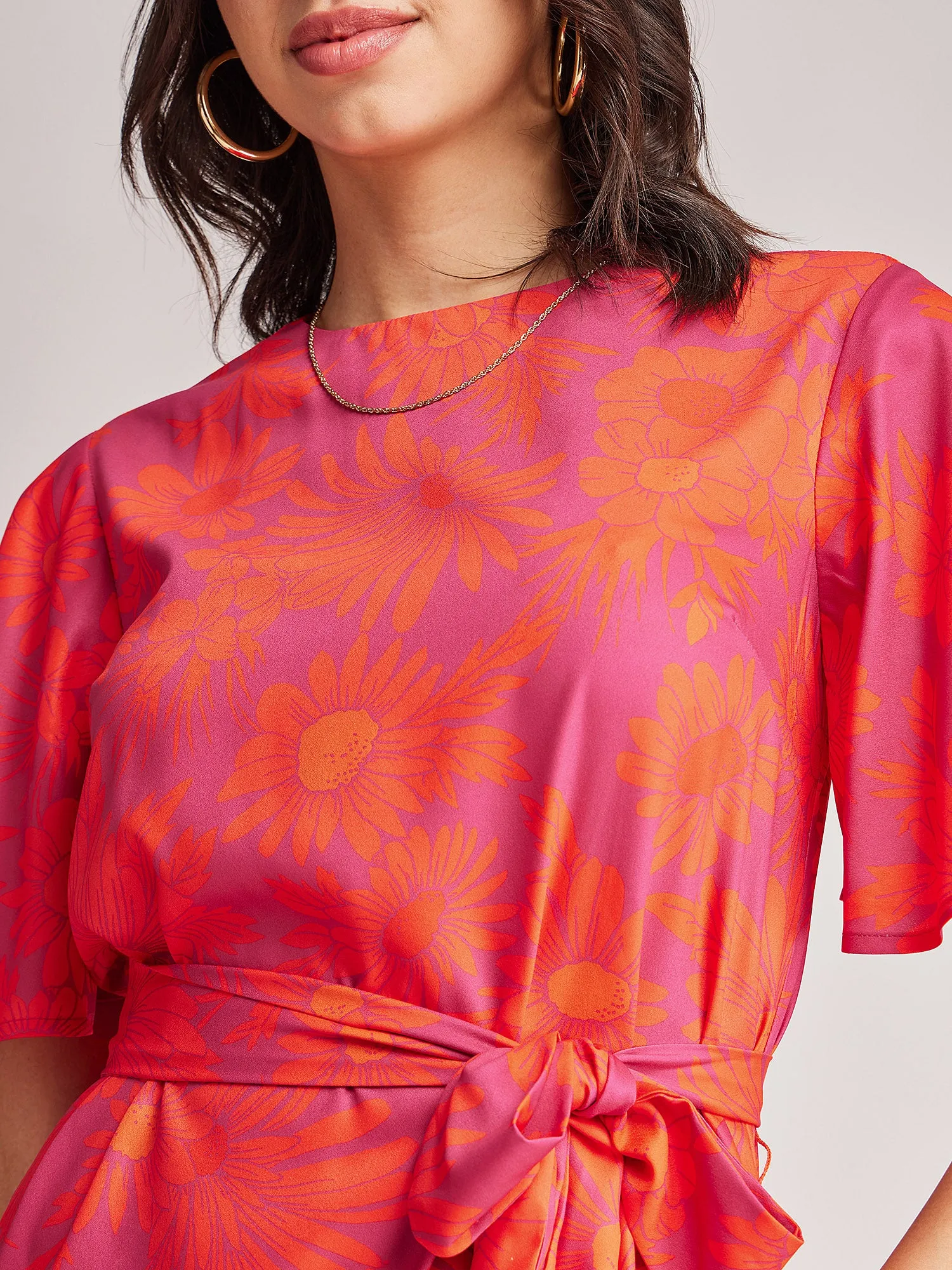 Floral Bell Sleeves Dress - Fuchsia And Orange