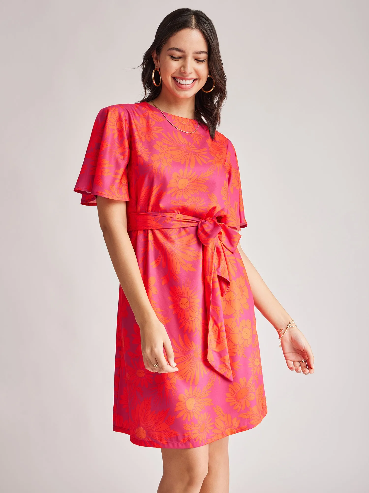 Floral Bell Sleeves Dress - Fuchsia And Orange