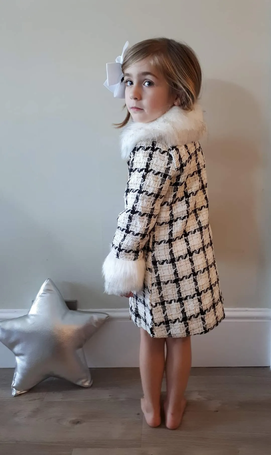 Girl's Faux Fur trim Chequed jacket, Hat and Dress