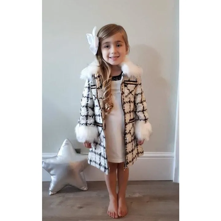 Girl's Faux Fur trim Chequed jacket, Hat and Dress