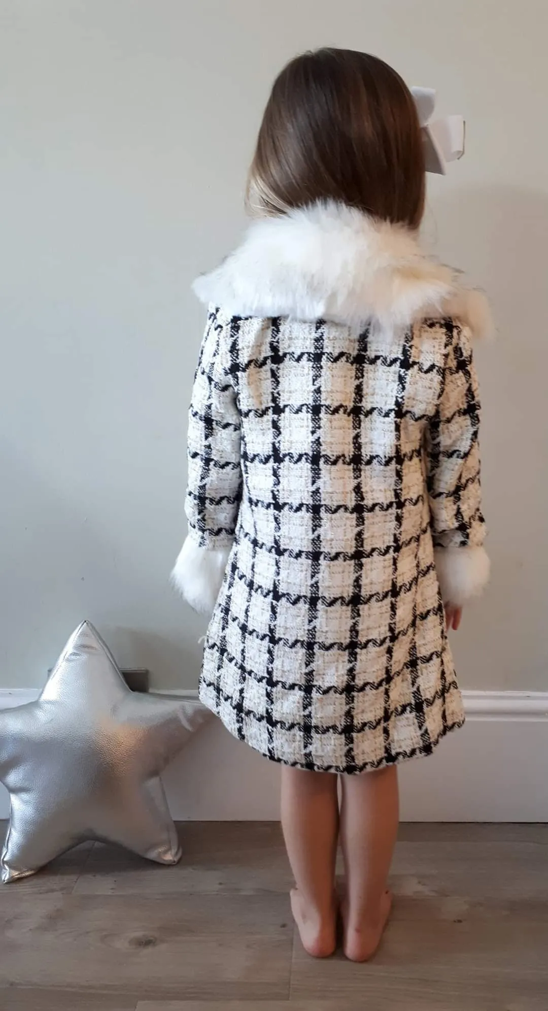 Girl's Faux Fur trim Chequed jacket, Hat and Dress