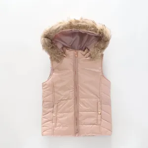 Girls' Pink Puffer Vest with Fur Trim Hood