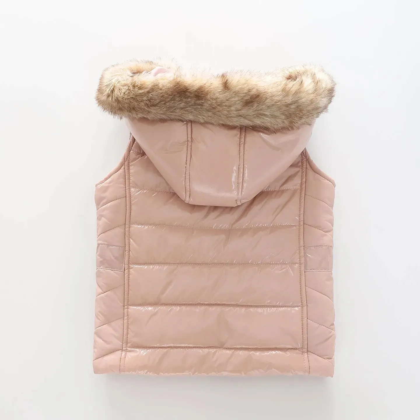 Girls' Pink Puffer Vest with Fur Trim Hood