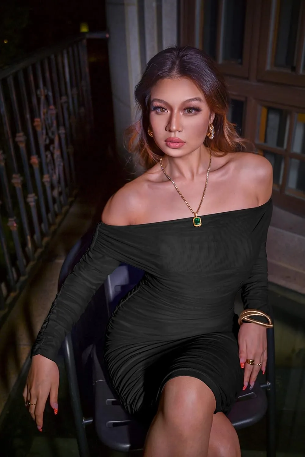 GOKATOSAU Women's Sexy Elegant Ruffle Long Sleeve Off Shoulder Ruched Party Mini Dress
