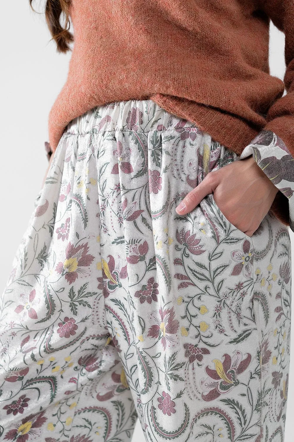 Gray Flower Printed Satin Pants